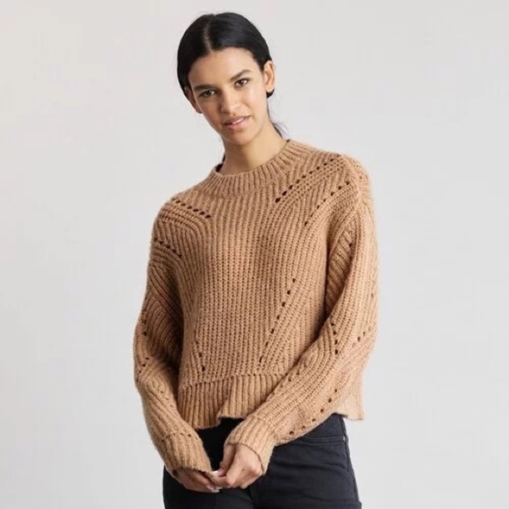 Elizabeth And James Open Stitch Sweater Cropped Large Knit Crew Neck Tan SZ M